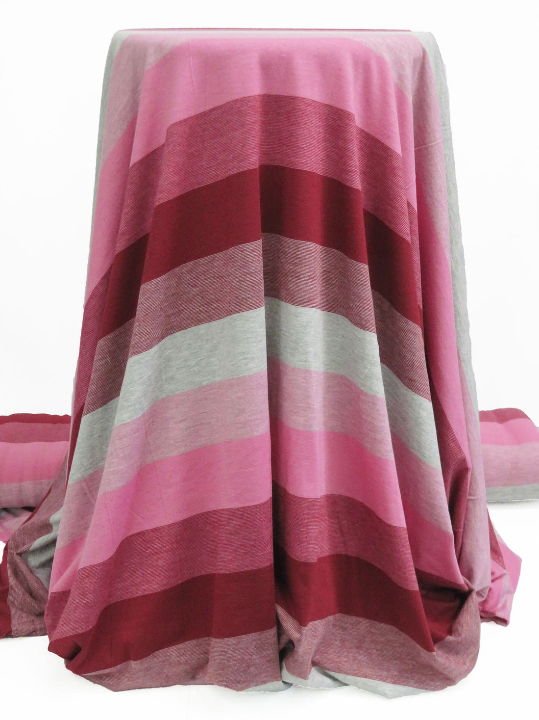 Carnation Pink/Heathered Stone Gray/Cabernet Rayon/Polyester/Lycra Horizontal Stripe Jersey Knit 60W