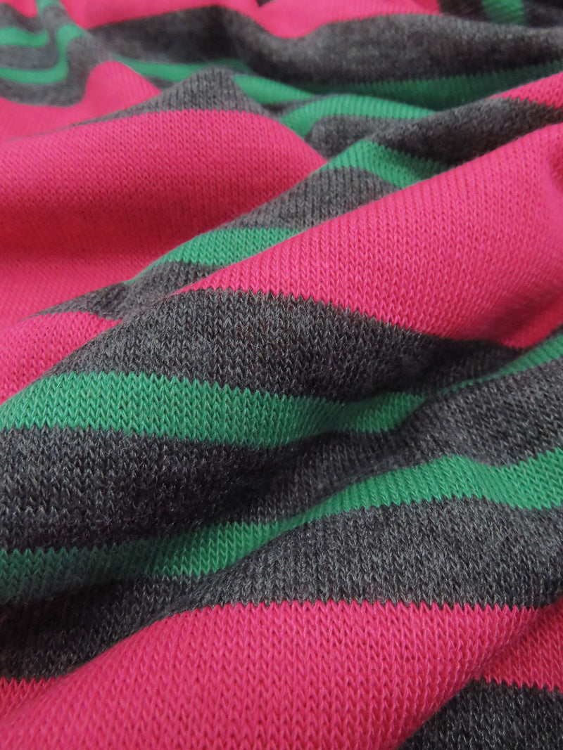 French Raspberry Pink/Evergreen/Charcoal Gray Polyester/Lycra Horizontal Stripe Sweater Knit 50W