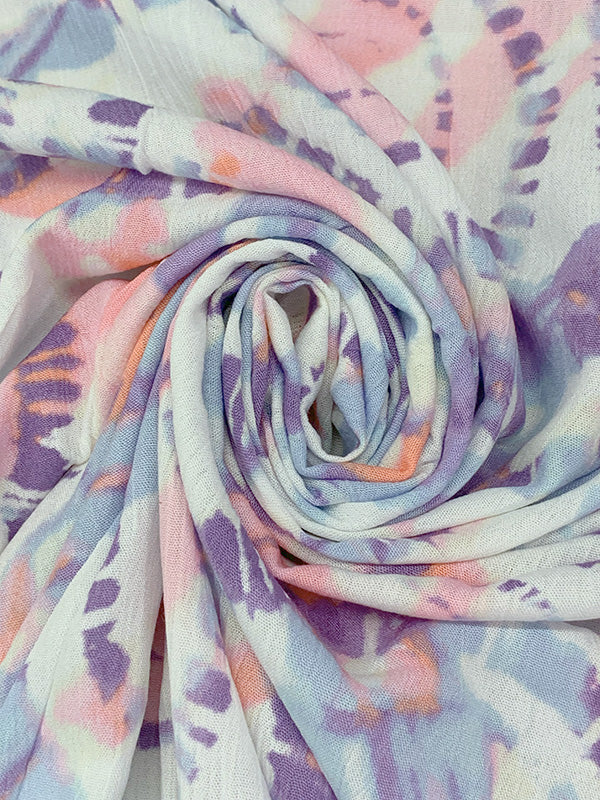 Muted Sky Blue/White/Soft Purple/Coral 100% Rayon Abstract Spirals Print Crinkle Challis 56W