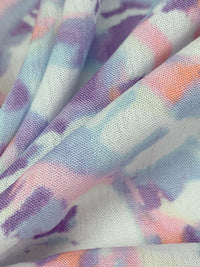 Muted Sky Blue/White/Soft Purple/Coral 100% Rayon Abstract Spirals Print Crinkle Challis 56W