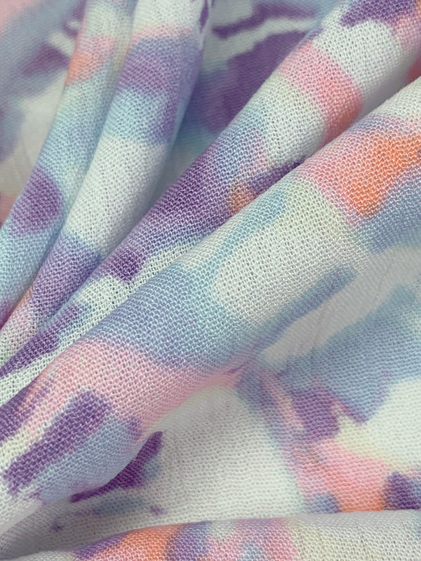 Muted Sky Blue/White/Soft Purple/Coral 100% Rayon Abstract Spirals Print Crinkle Challis 56W