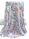 Muted Sky Blue/White/Soft Purple/Coral 100% Rayon Abstract Spirals Print Crinkle Challis 56W