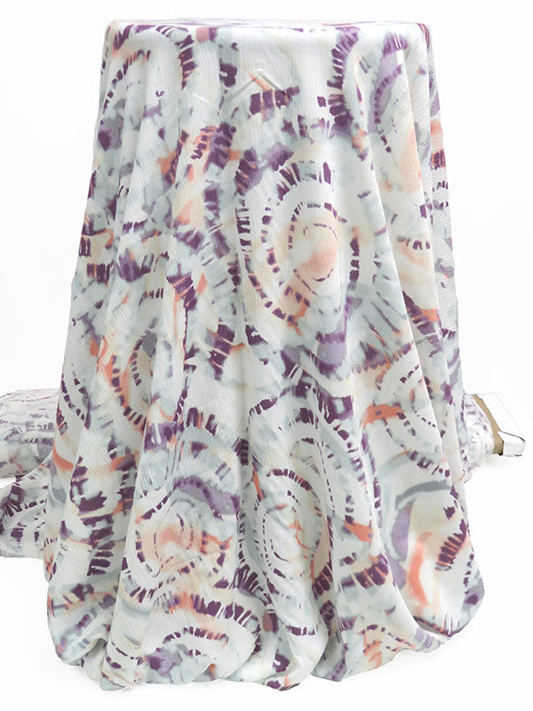 White/Amethyst/Dusty Sea Glass/Coral 100% Rayon Tie-Dye Look Ripple Print Crinkle Challis 52W