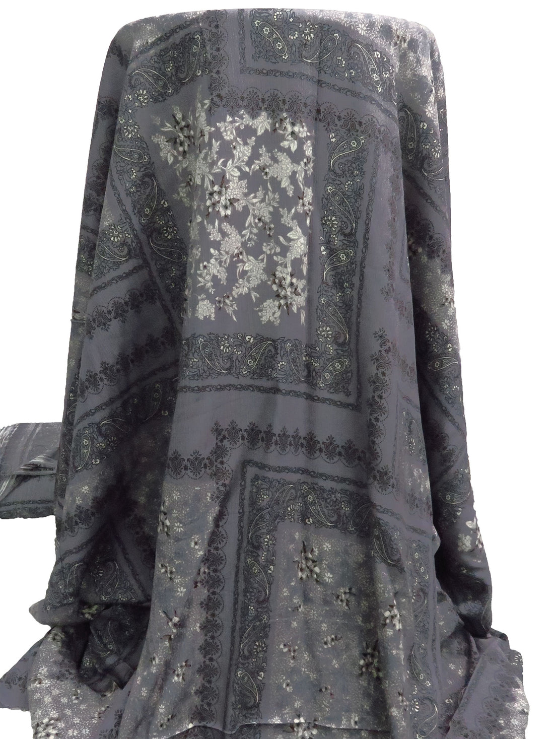 Cool Gray/Black/Off-White/Multi 100% Rayon Patchwork Print Crinkle Challis - Robert Kaufman - 50W