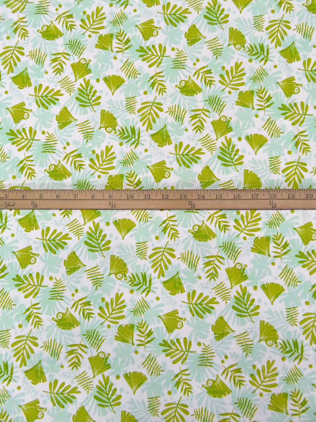 White/Limerick/Pale Robin Egg Blue Cotton/Lycra Sloth Hidden In Leaves Print Jersey Knit - Robert Kaufman - 59W