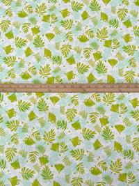 White/Limerick/Pale Robin Egg Blue Cotton/Lycra Sloth Hidden In Leaves Print Jersey Knit - Robert Kaufman - 59W