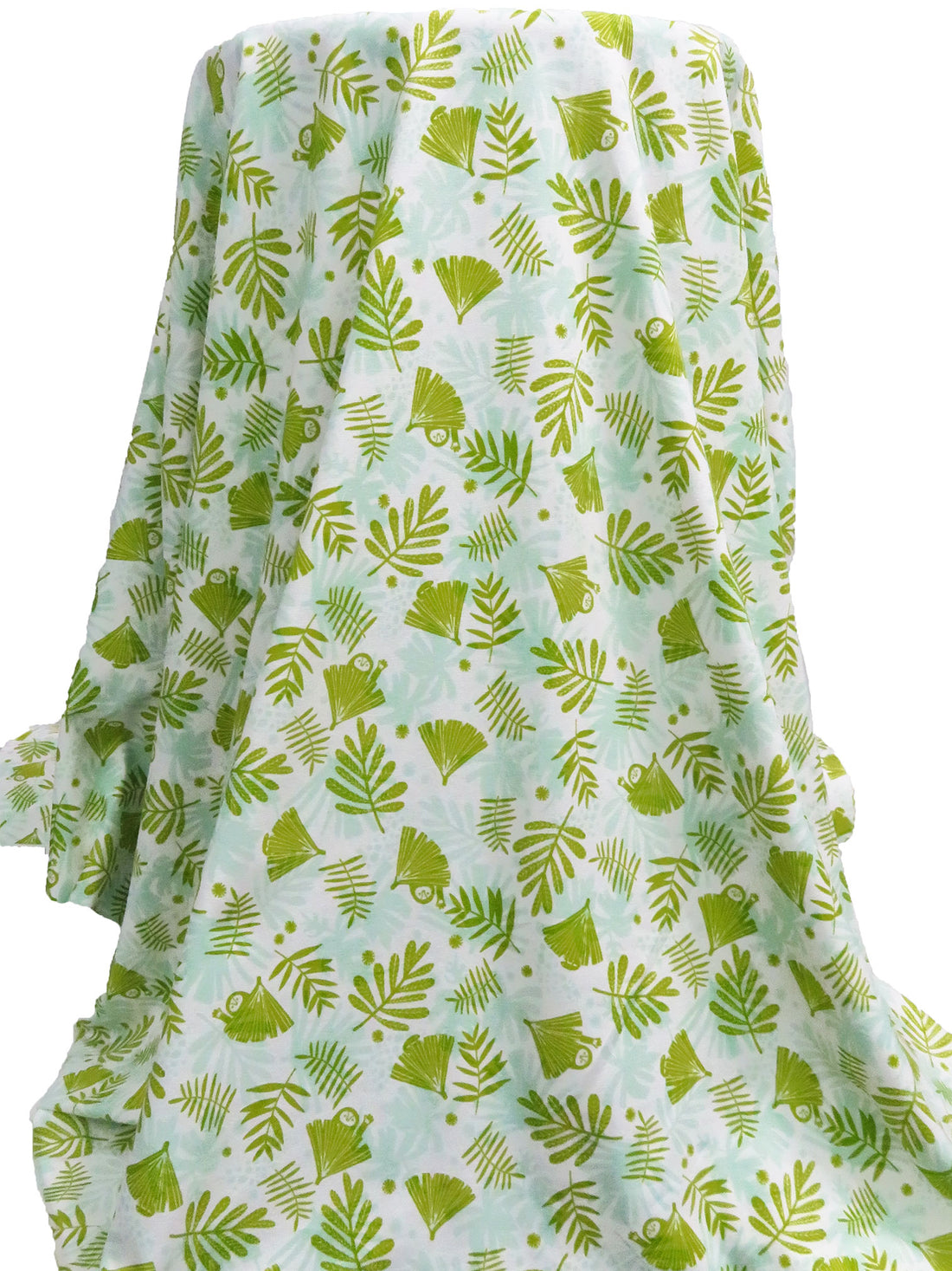 White/Limerick/Pale Robin Egg Blue Cotton/Lycra Sloth Hidden In Leaves Print Jersey Knit - Robert Kaufman - 59W