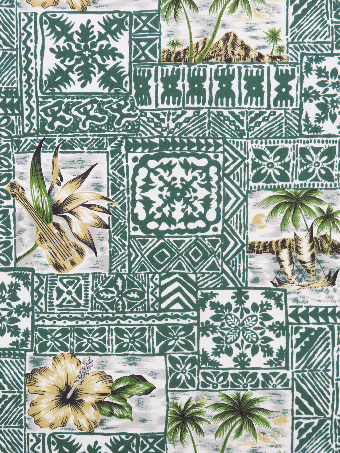 Dark Forest Green/Dried Bamboo/White/Multi Cotton/Polyester Hawaiian Tile Print Broadcloth 46W