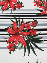 White/Imperial Red/Forest Green/Multi Polyester/Lycra Tropical Floral Horizontal Stripe Print Liverpool Double Knit 60W