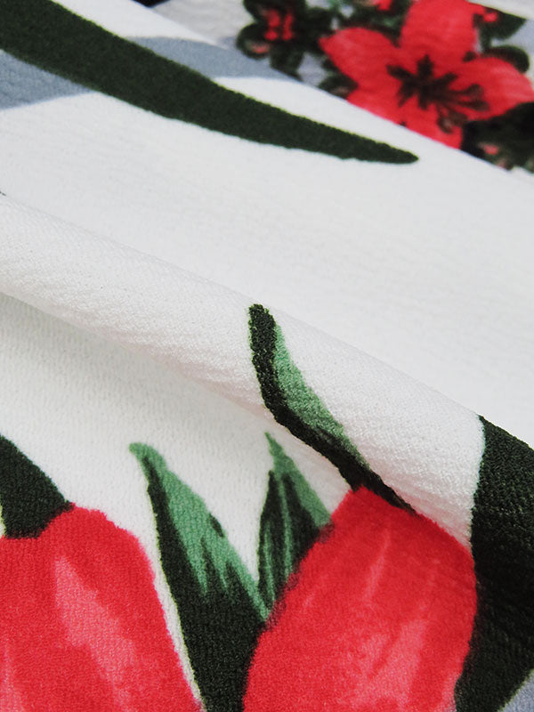 White/Imperial Red/Forest Green/Multi Polyester/Lycra Tropical Floral Horizontal Stripe Print Liverpool Double Knit 60W