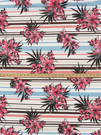 French Pink/Midnight Forest Green/Baby Blue/Multi Polyester/Lycra Tropical Floral Horizontal Stripe Print Liverpool Double Knit 56W