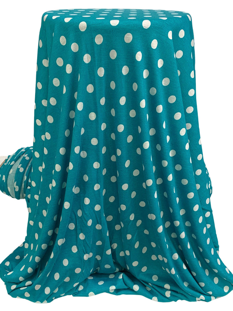 Teal Blue/White Rayon/Lycra Polka Dot Print Jersey Knit 54W