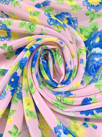 Classic Rose Pink/Sapphire Blue/Spring Green/White 100% Polyester Floral Print Crepe de Chine 58W