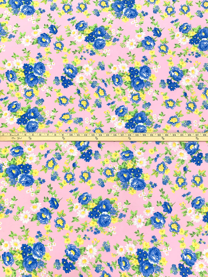 Classic Rose Pink/Sapphire Blue/Spring Green/White 100% Polyester Floral Print Crepe de Chine 58W