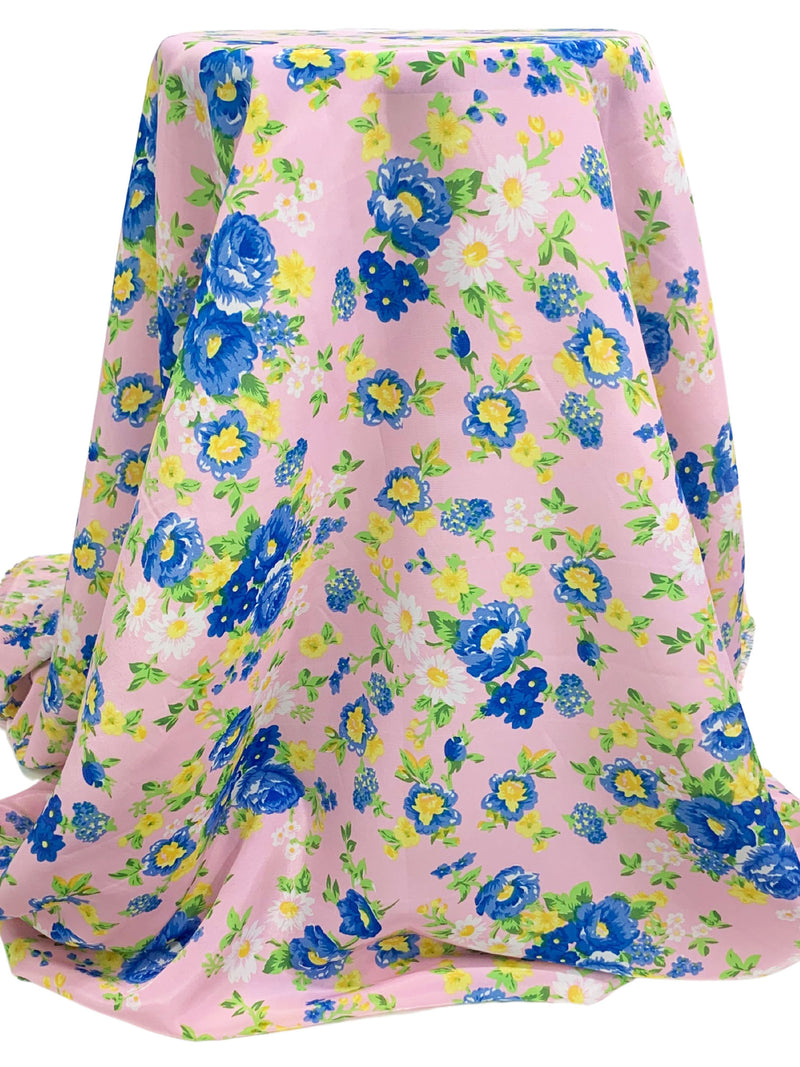 Classic Rose Pink/Sapphire Blue/Spring Green/White 100% Polyester Floral Print Crepe de Chine 58W