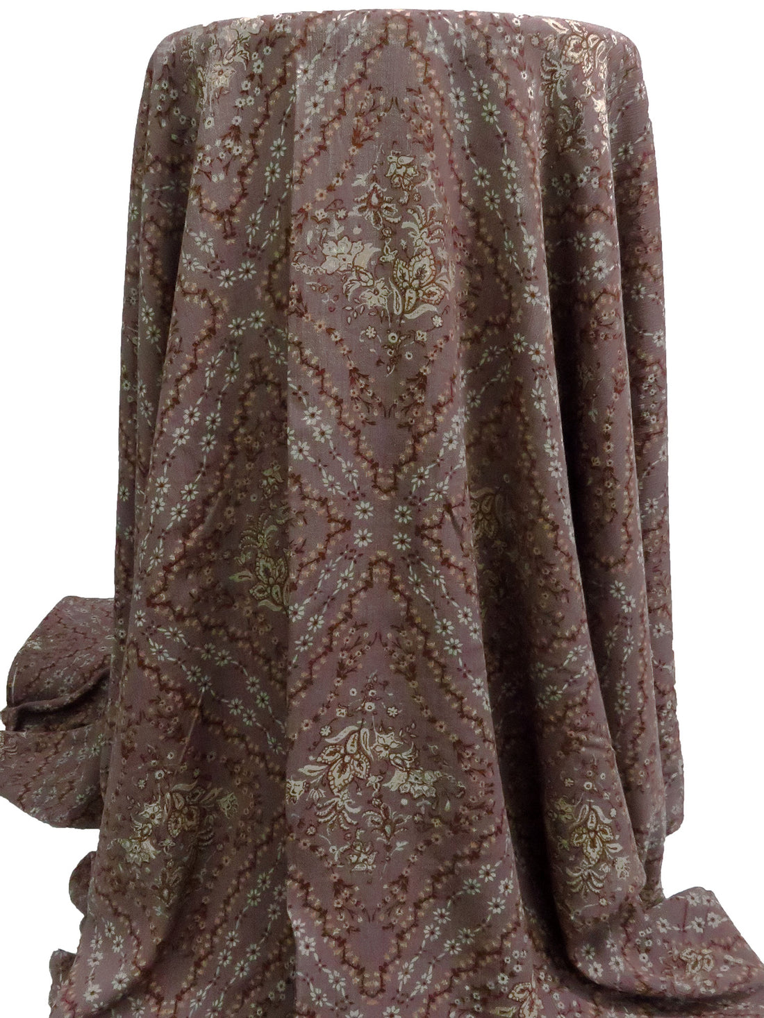 Dark Mauve Taupe/Dark Vanilla/Dark Brown/Multi 100% Rayon Ornate Floral Diamond Print Crinkle Challis - Robert Kaufman - 50W