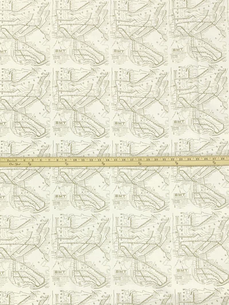 Alabaster/Dark Tan 100% Cotton Vintage Brooklyn-Manhattan Transit Print Twill Woven - NY Designer - 57W