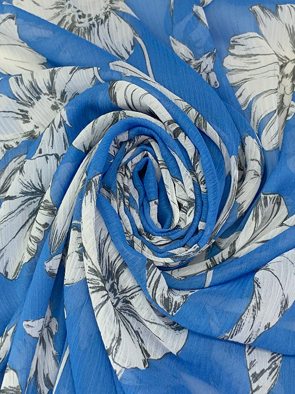 French Blue/White/Black 100% Polyester Floral Print Crinkle Chiffon - NY Designer - 58W