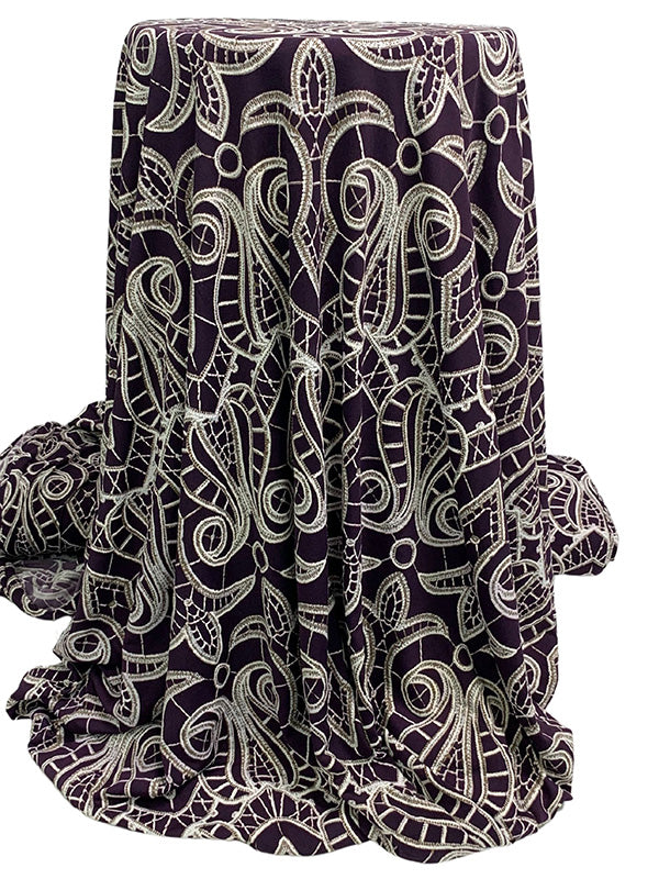 Dark Purple/Brown/Off-White Polyester/Lycra Abstract Lace-Look Puff Print ITY Knit 58W