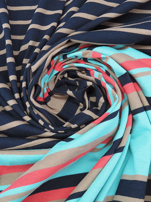 Navy/Bright Turquoise/Taupe Brown/Bright Flamingo 100% Polyester Diagonal Multi Stripe Jersey Knit 58W