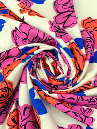 Antique Off-White/Wild Orchid/Sunset Orange Rayon/Nylon Floral Print Slubbed-Look Shirting 54W