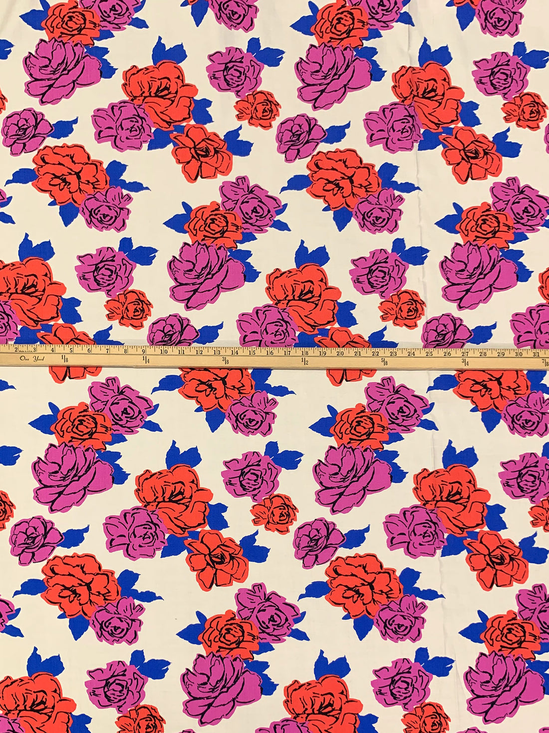 Antique Off-White/Wild Orchid/Sunset Orange Rayon/Nylon Floral Print Slubbed-Look Shirting 54W