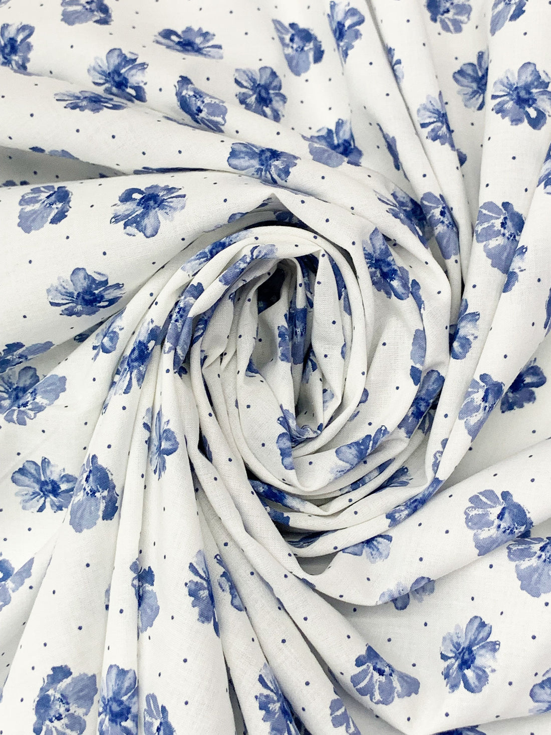 White/Admiral Blue 100% Cotton Floral Dot Print Voile 58W