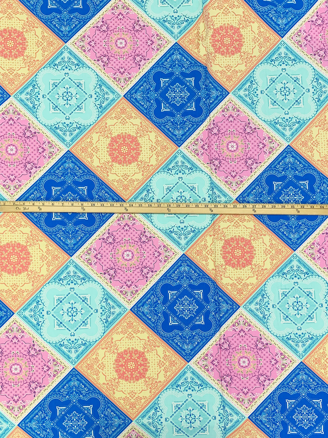 Medium Electric Blue/Amaranth Pink/Pale Goldenrod/Multi Rayon/Nylon Ornate Diamond Print Challis 53W