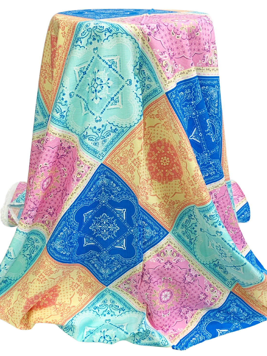 Medium Electric Blue/Amaranth Pink/Pale Goldenrod/Multi Rayon/Nylon Ornate Diamond Print Challis 53W