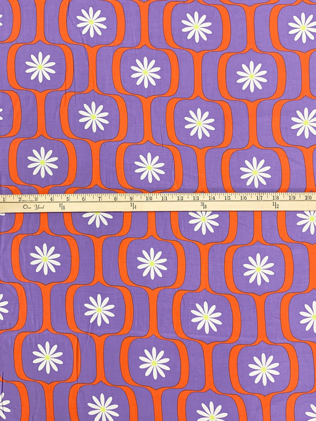 Lavender/Flame/White 100% Rayon Daisy Ogee Print Challis 55W