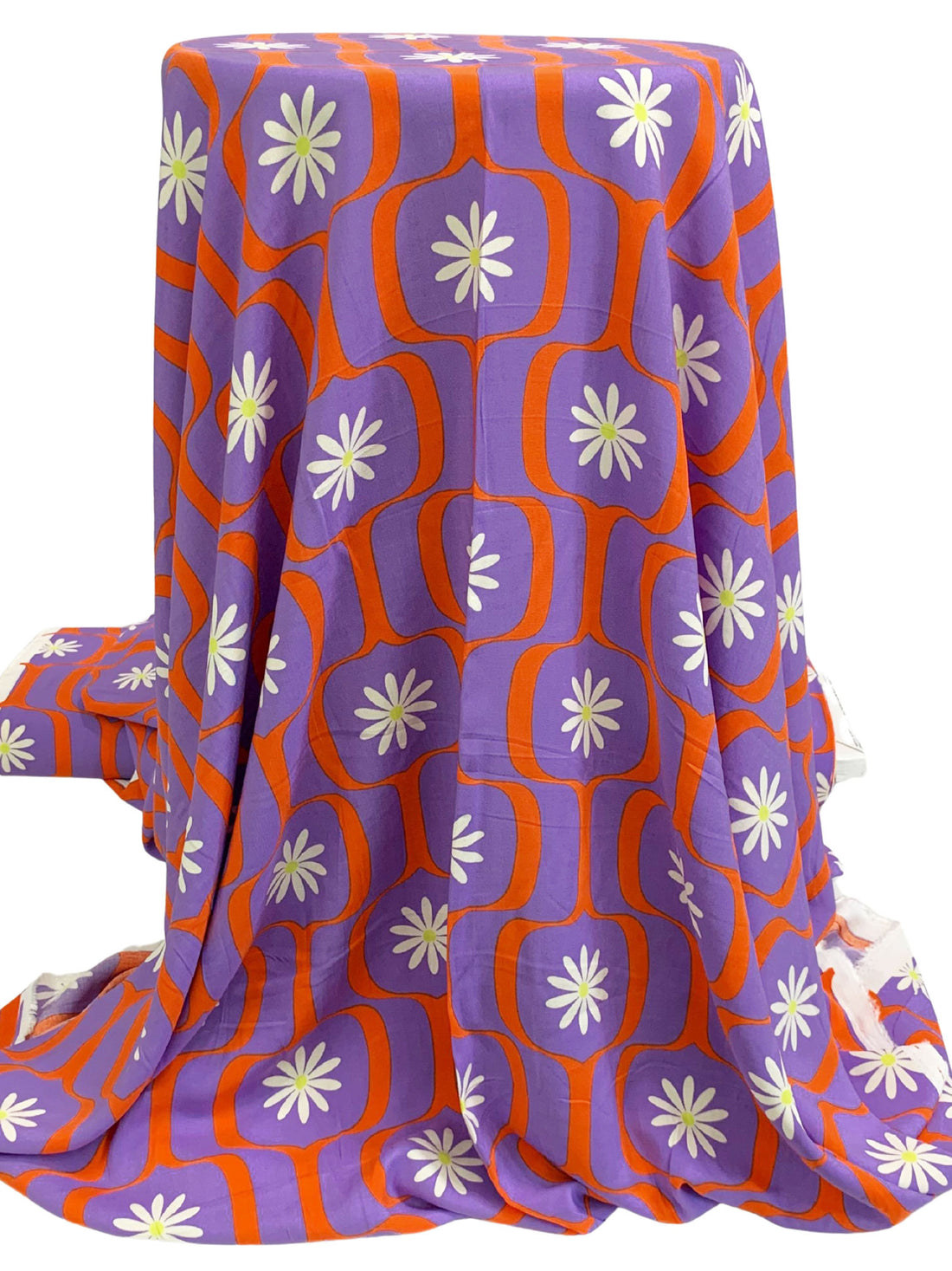 Lavender/Flame/White 100% Rayon Daisy Ogee Print Challis 55W