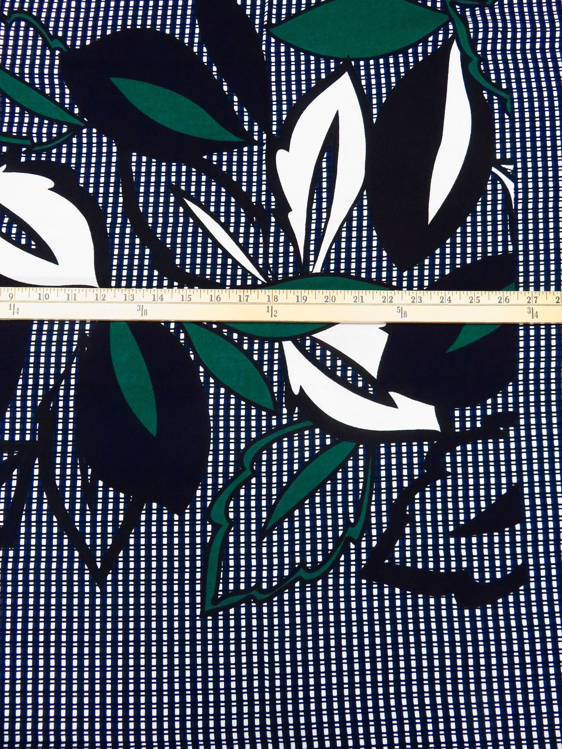 SOLD BY THE PANEL ONLY - Black/White/Dark Blue/Multi 100% Rayon Large Leaves On Grid Print Crepe Challis - NY Designer - 51W