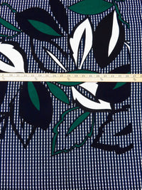 SOLD BY THE PANEL ONLY - Black/White/Dark Blue/Multi 100% Rayon Large Leaves On Grid Print Crepe Challis - NY Designer - 51W