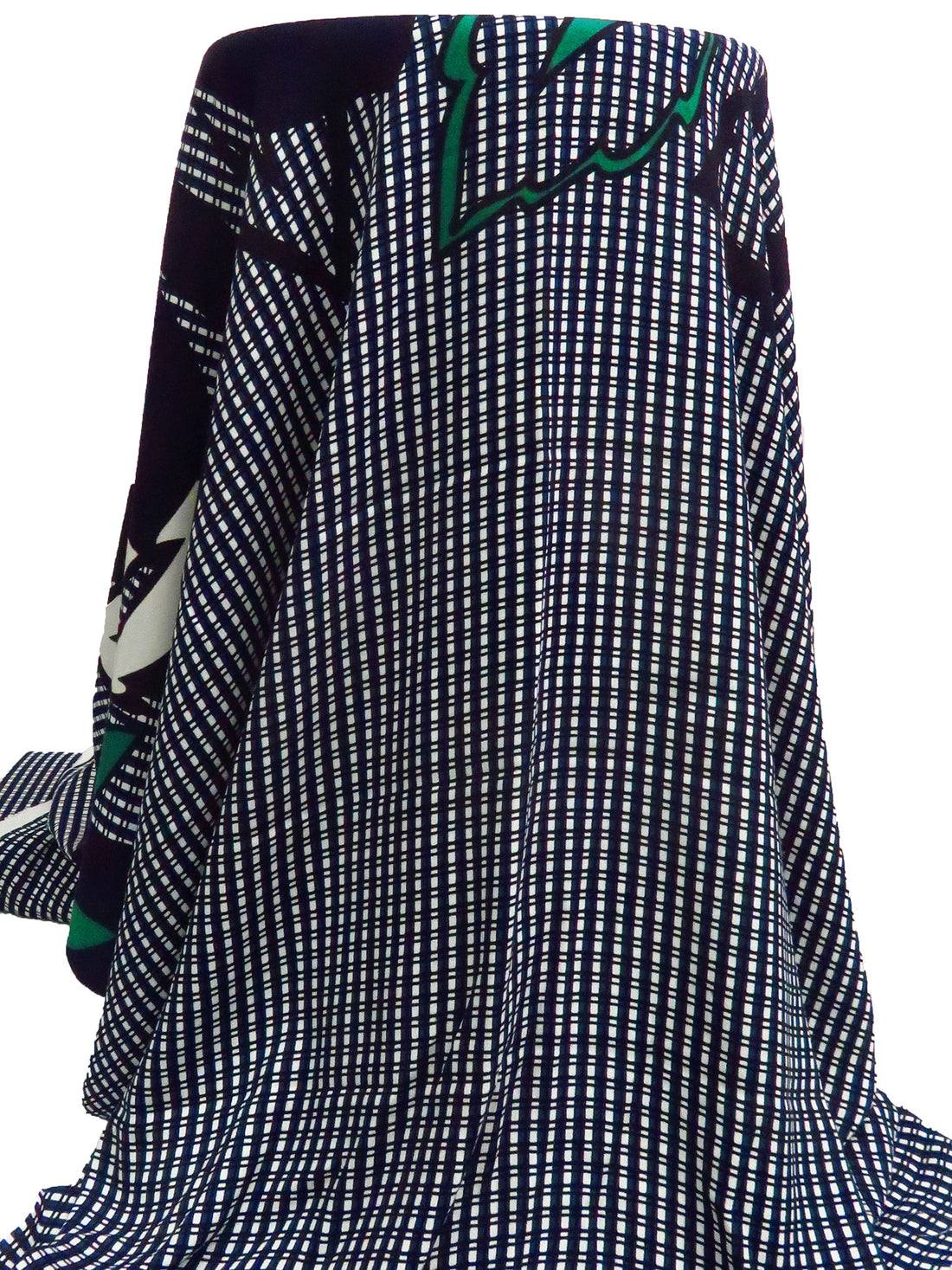 SOLD BY THE PANEL ONLY - Black/White/Dark Blue/Multi 100% Rayon Large Leaves On Grid Print Crepe Challis - NY Designer - 51W