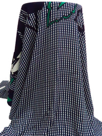 SOLD BY THE PANEL ONLY - Black/White/Dark Blue/Multi 100% Rayon Large Leaves On Grid Print Crepe Challis - NY Designer - 51W