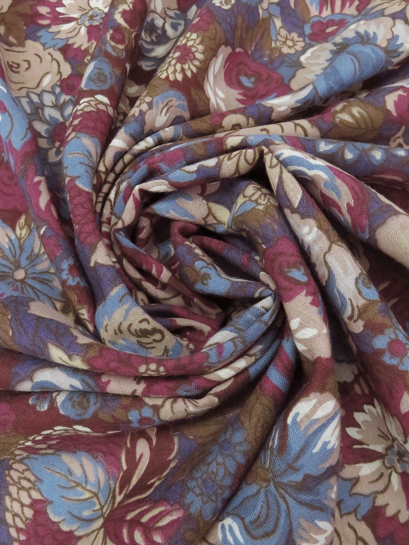 Dusty Mauve Taupe/Eggplant/Dark Cerulean/Multi Wool/Cotton Floral Print Challis 54W