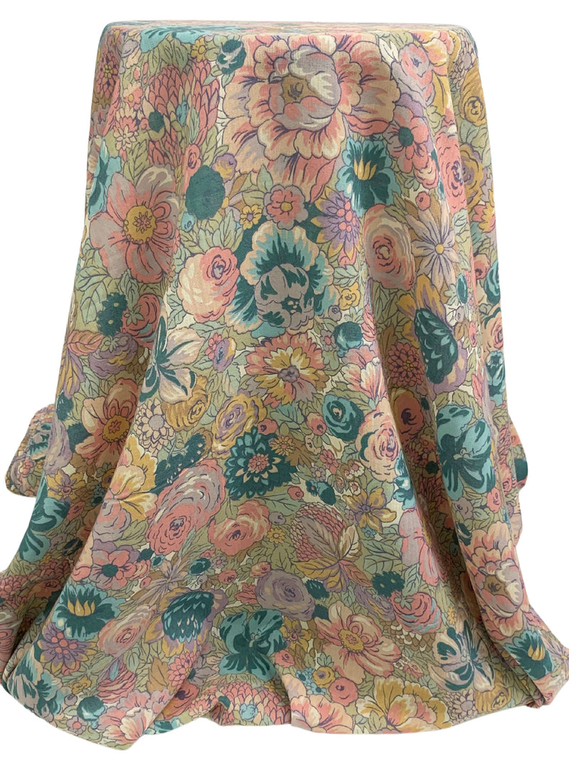 Aegean Teal/Salmon Rose/Shadow Brown/Multi Wool/Cotton Floral Print Challis 54W