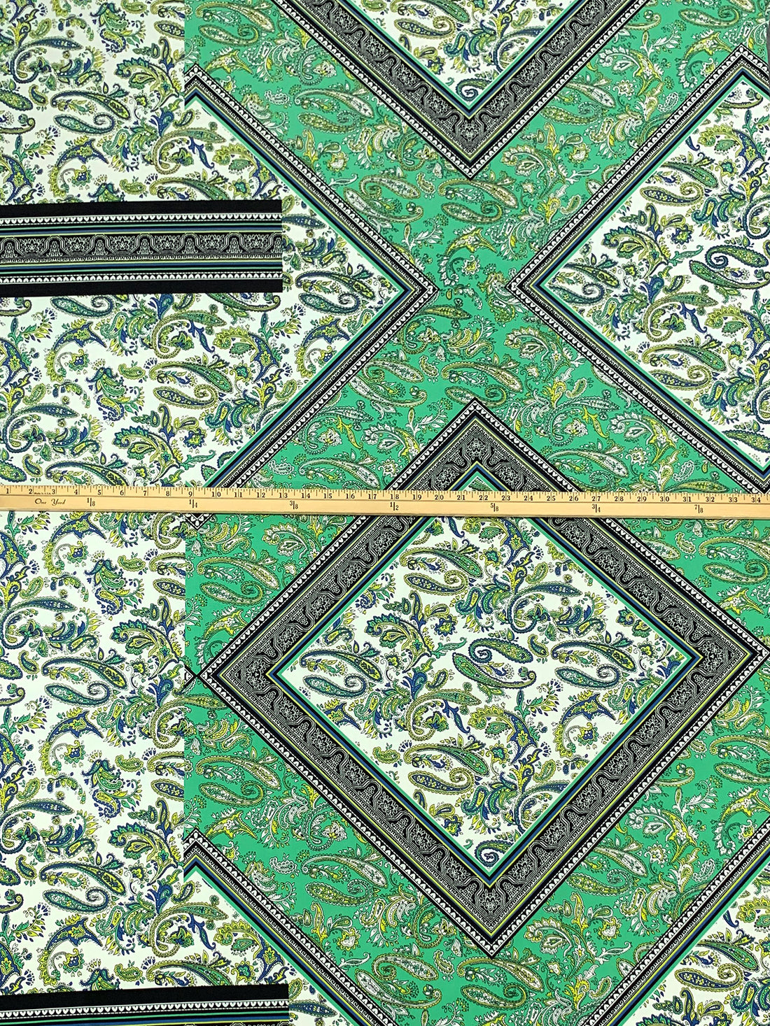 SOLD BY THE PANEL ONLY - Medium Sea Green/Lapis Blue/Bitter Lemon/Multi Polyester/Lycra Large Single Border Ornate Paisley ITY Knit - Famous Dress Designer - 59W