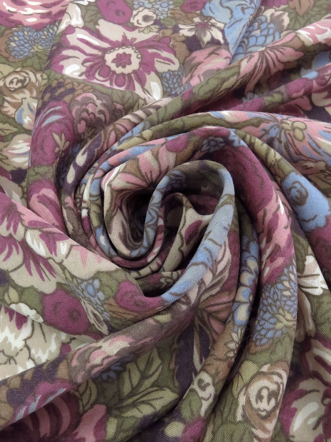 Dark Dusty Bubblegum/Basil Green/Muted Cerulean/Multi Wool/Cotton Floral Print Challis 56W