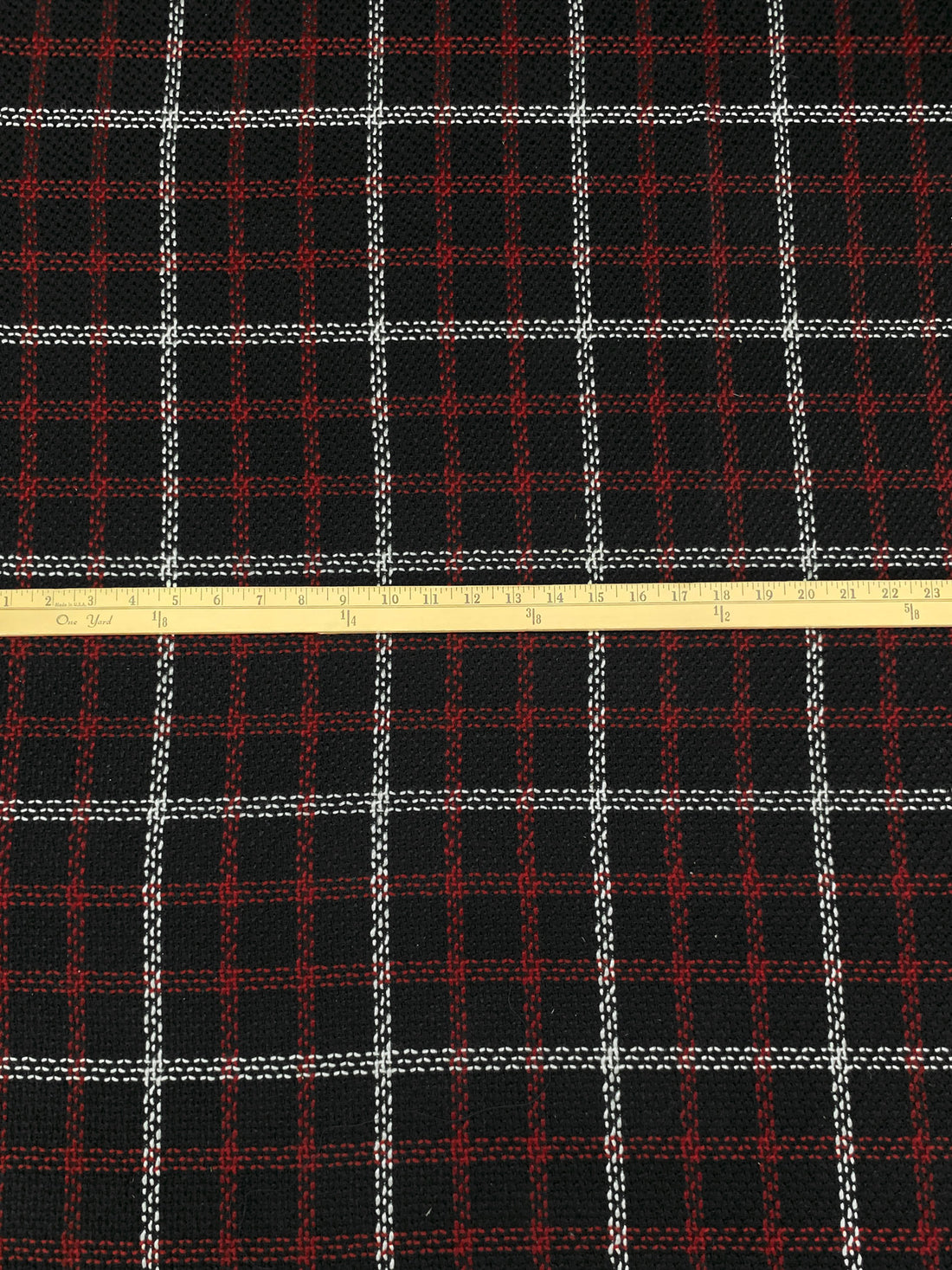 Black/Crimson Red/White Polyester/Rayon/Wool Plaid Boucle Suiting - NY Designer - 59W