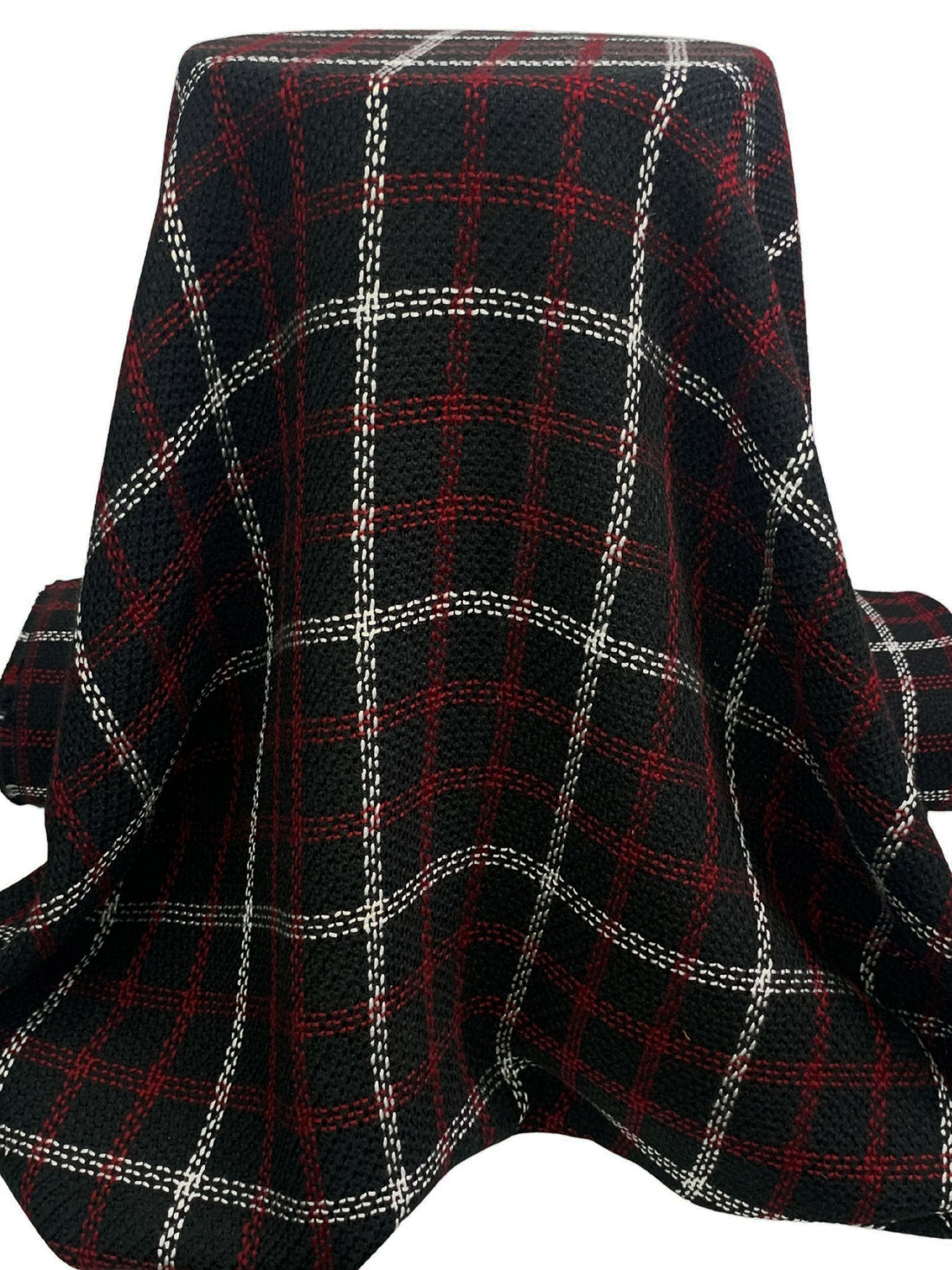 Black/Crimson Red/White Polyester/Rayon/Wool Plaid Boucle Suiting - NY Designer - 59W