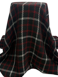Black/Crimson Red/White Polyester/Rayon/Wool Plaid Boucle Suiting - NY Designer - 59W