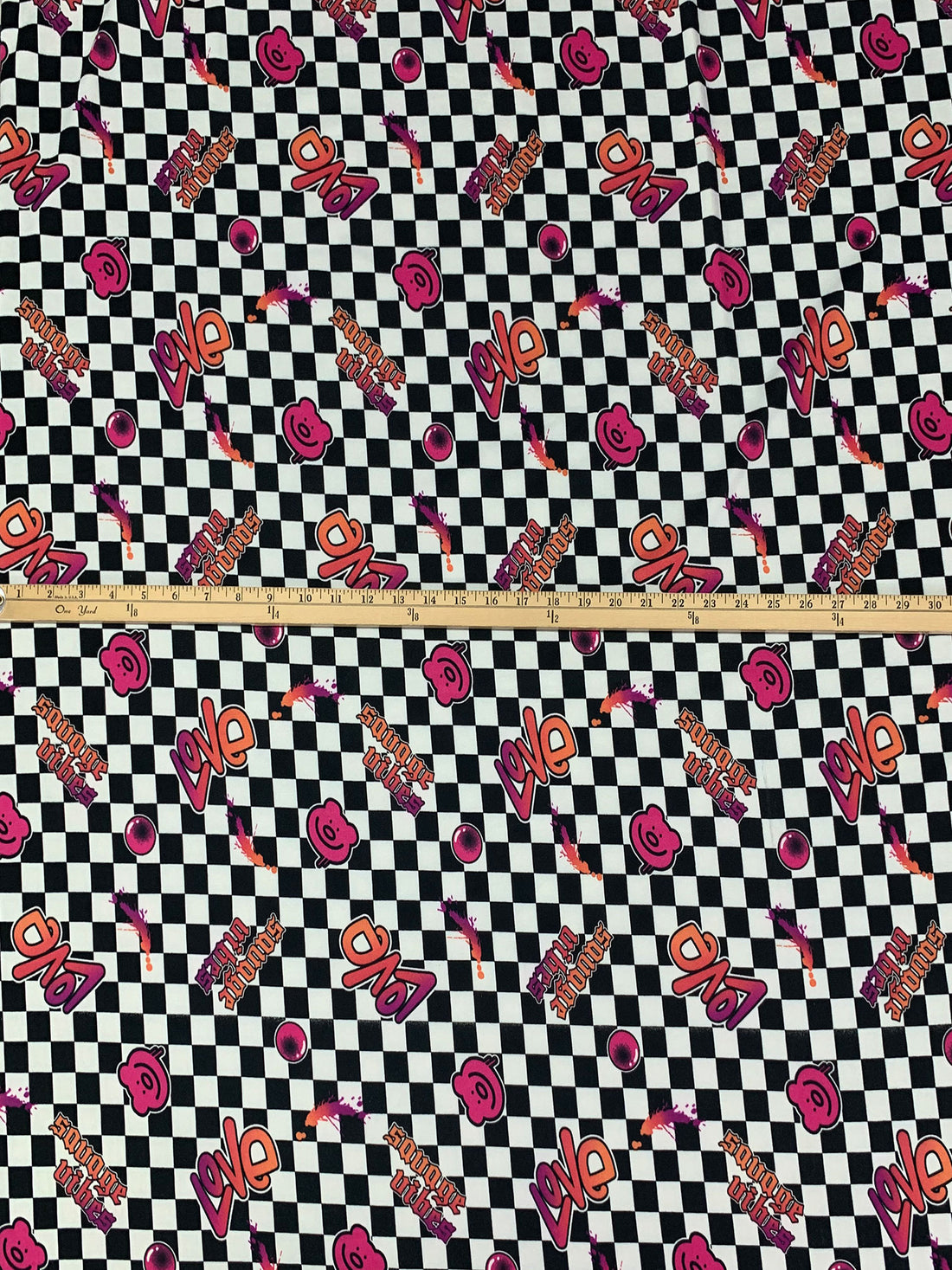 French Fuchsia/Atomic Tangerine/Black/White 100% Polyester Checkerboard Graffiti Print Double Brushed Fleece Knit - NY Designer - 60W