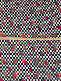 French Fuchsia/Atomic Tangerine/Black/White 100% Polyester Checkerboard Graffiti Print Double Brushed Fleece Knit - NY Designer - 60W