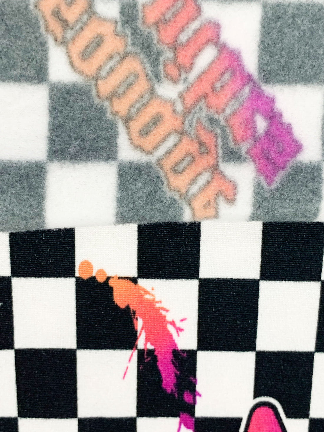 French Fuchsia/Atomic Tangerine/Black/White 100% Polyester Checkerboard Graffiti Print Double Brushed Fleece Knit - NY Designer - 60W