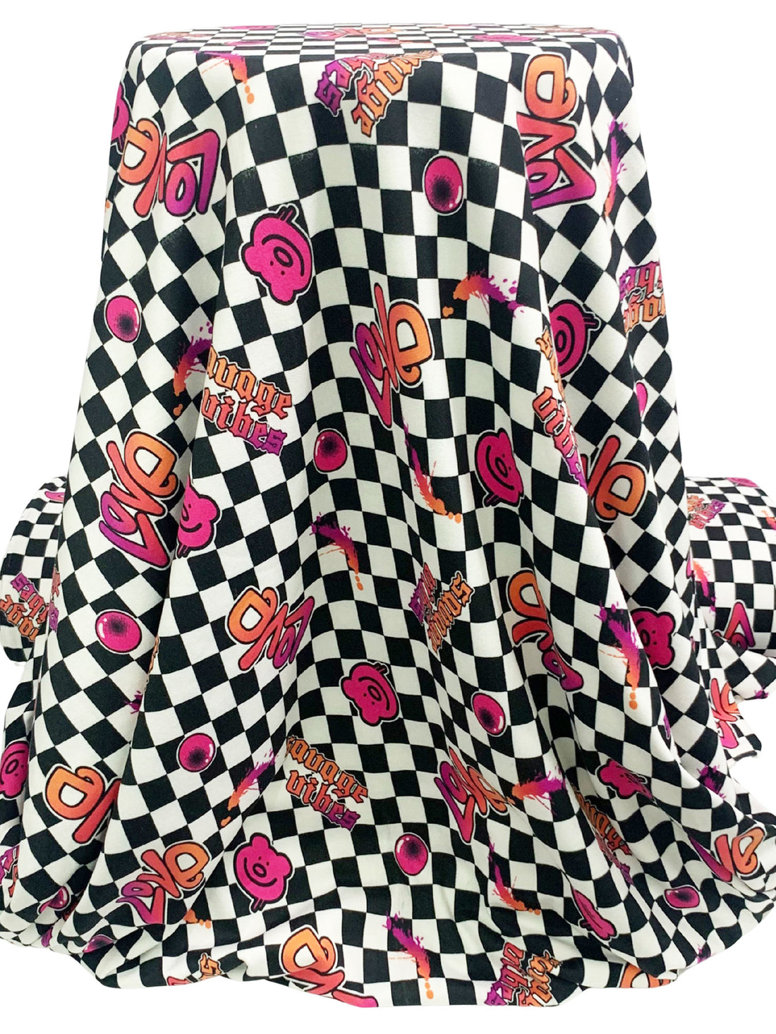 French Fuchsia/Atomic Tangerine/Black/White 100% Polyester Checkerboard Graffiti Print Double Brushed Fleece Knit - NY Designer - 60W