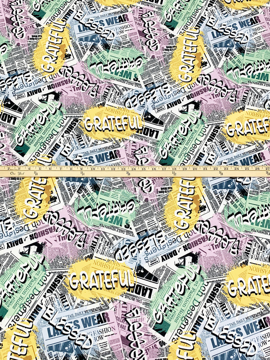 Canary/Off-White/Black 100% Polyester Newspaper Street Art Font Print Double Brushed Fleece Knit - NY Designer - 58W