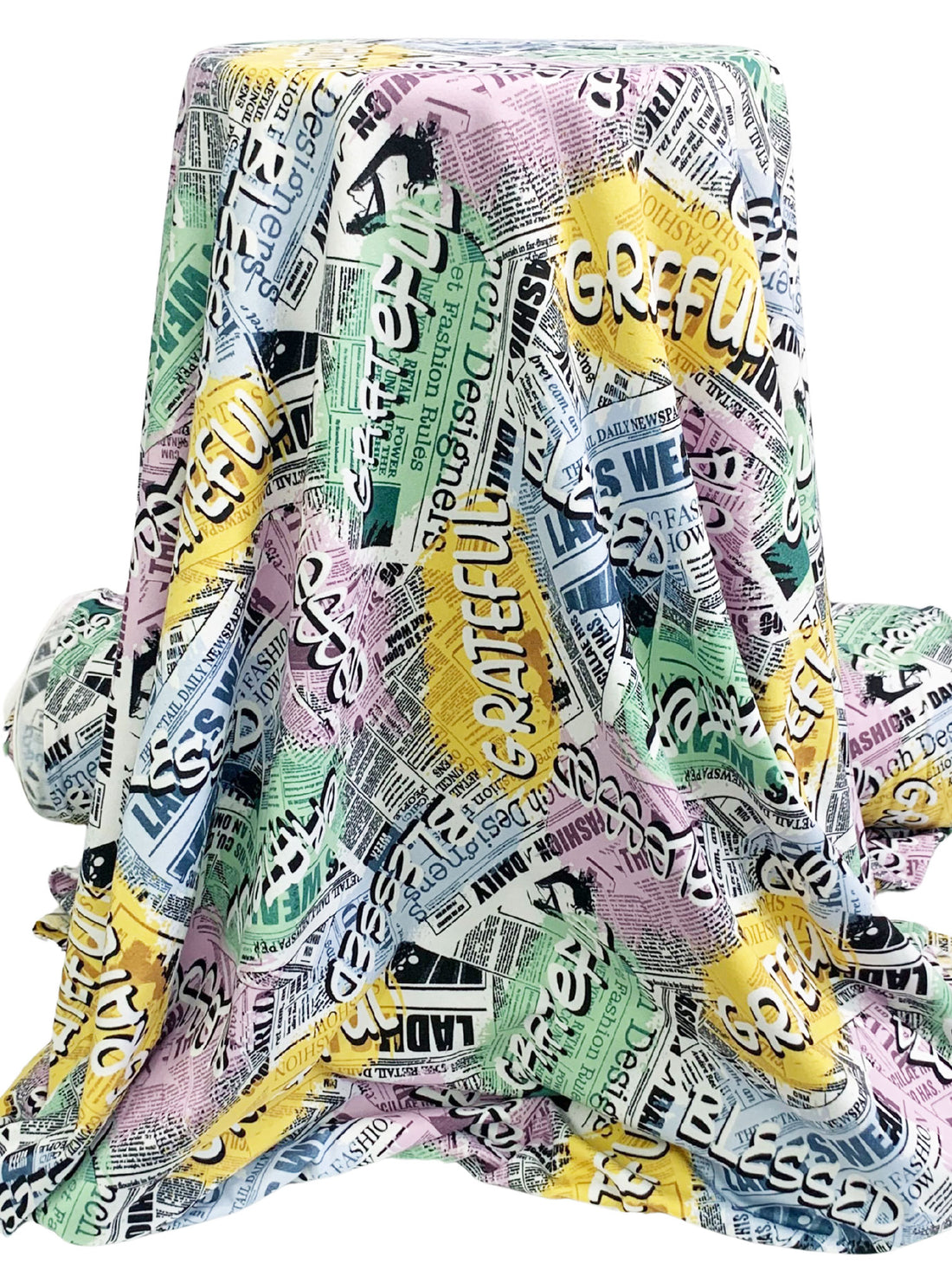 Canary/Off-White/Black 100% Polyester Newspaper Street Art Font Print Double Brushed Fleece Knit - NY Designer - 58W