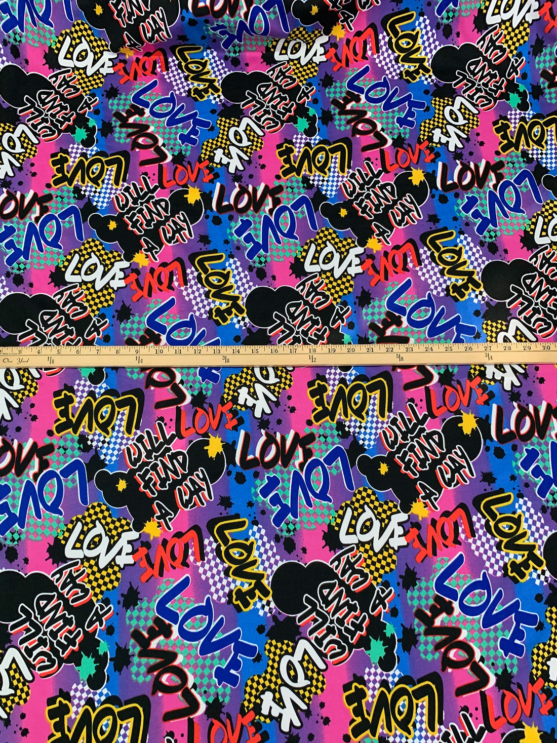 Deep Cerise/Goldenrod/Blueberry/Multi 100% Polyester Checkerboard Urban Font Print Double Brushed Fleece Knit - NY Designer - 62W