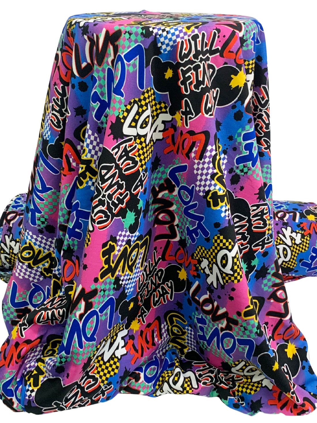 Deep Cerise/Goldenrod/Blueberry/Multi 100% Polyester Checkerboard Urban Font Print Double Brushed Fleece Knit - NY Designer - 62W